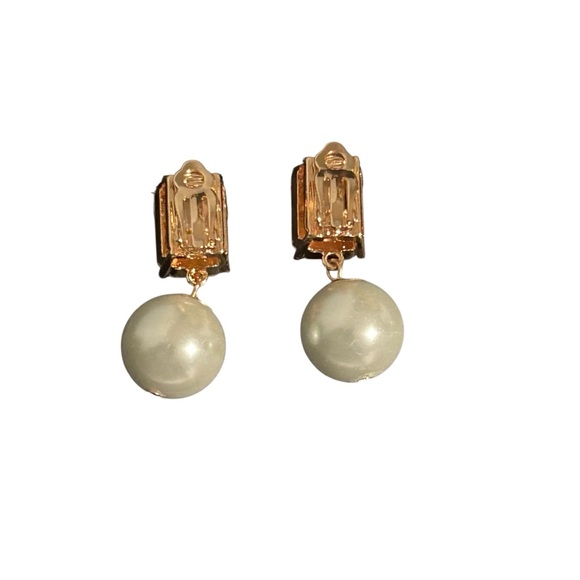 Gold Tone Rectangular Pink Crystal Faux Pearl Earrings Tanya Creations - Picture 3 of 5